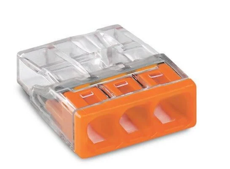COMPACT birleştirme konnektörü; tek damarlı iletkenler için; maks. 2,5 mm²; 3 iletkenli; saydam gövde; turuncu kapak; Ortam sıcaklığı: maks. 60 °C (T60); 2,50 mm²