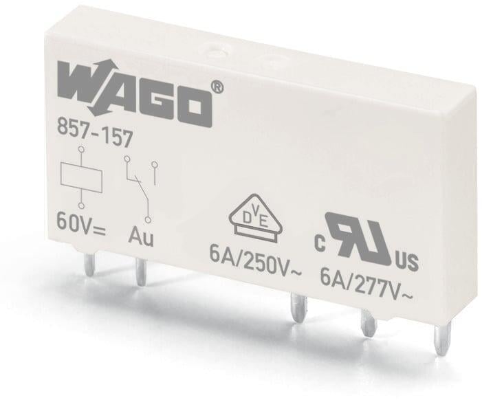 WAGO 857-157    Temel Röle Nominal Giriş Gerilimi 60VDC  1 Değişken Kontak Sınırlayıcı Sürekli Akım 6A  Altın Kontaklı Modül Genişliği 5mm  Modül Yüksekliği 15mm