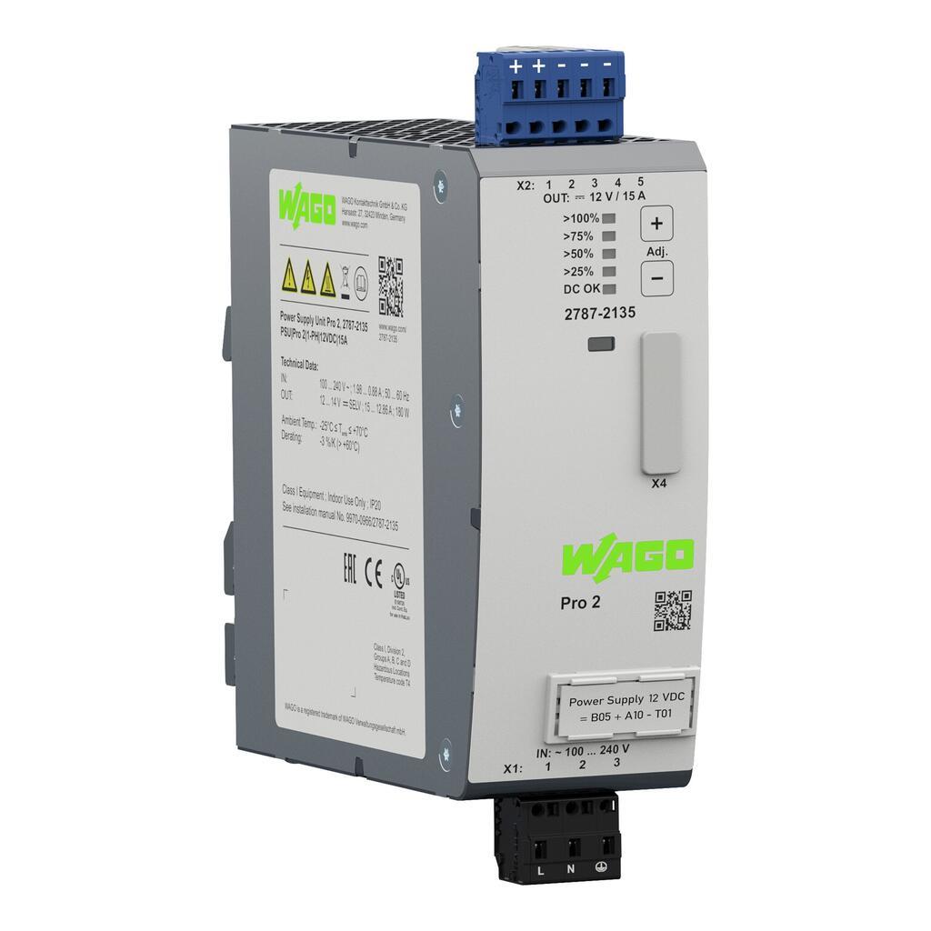 WAGO 2787-2135   Güç kaynağı Pro2 1 Fazlı 12VDC Çıkış gerilimi 15A Çıkış akımı TopBoost + PowerBoost İletişim yeteneği
