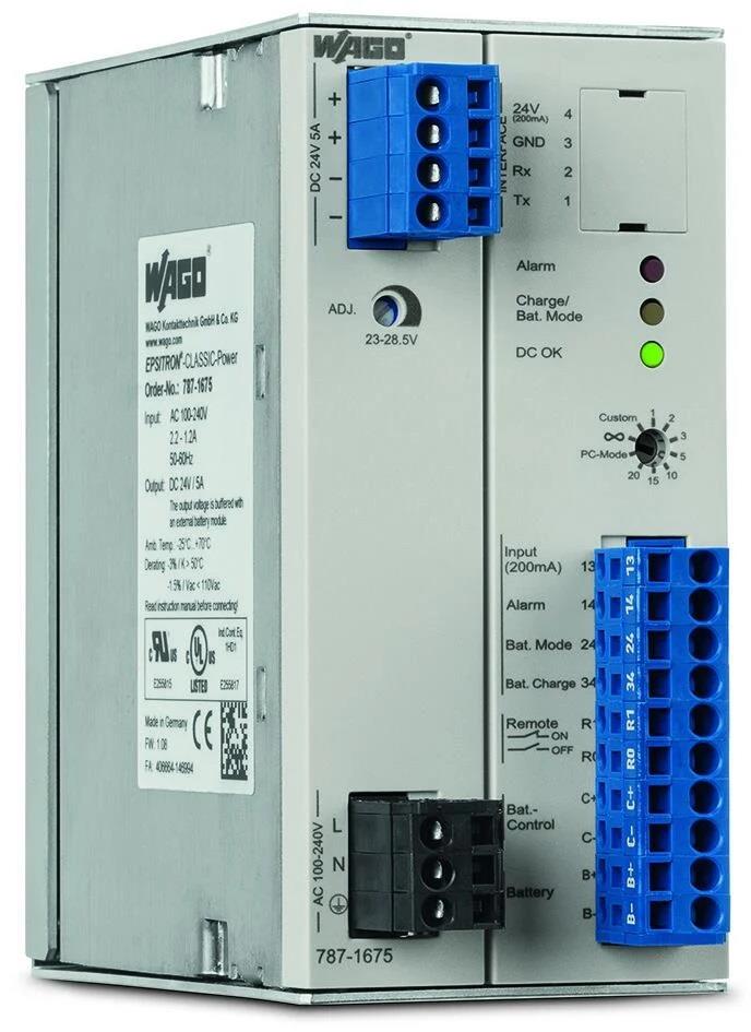 WAGO 787-1675  Entegre Şarj Aleti ve Kontrolörlü Anahtarlamalı Mod Güç Kaynağı Klasik 1 Fazlı 24VDC Çıkış Gerilimi 5A Çıkış Akımı İletişim Yeteneği 10,00mm²