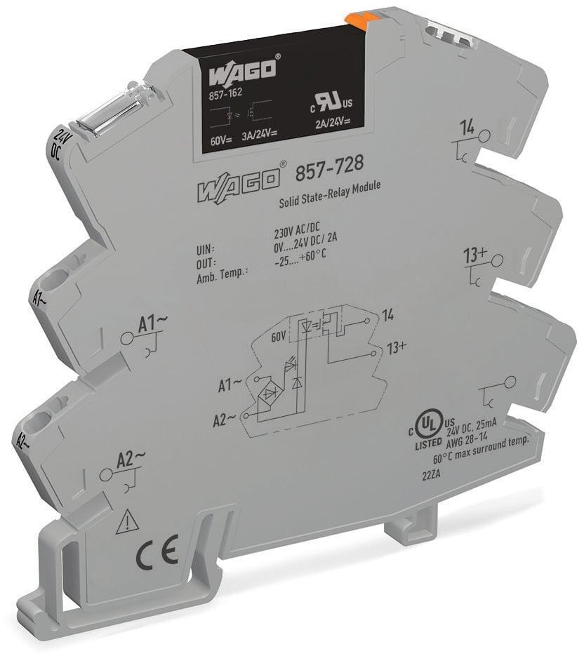 WAGO 857-728   SSR Röle Modülü Nominal Giriş Gerilimi 230V AC/DC Çıkış Gerilimi Aralığı 0 - 30VDC Sınırlayıcı Sürekli  Akım 3A 2 Telli Bağlantı Sarı Durum Göstergesi Modül Genişliği 6mm Gri