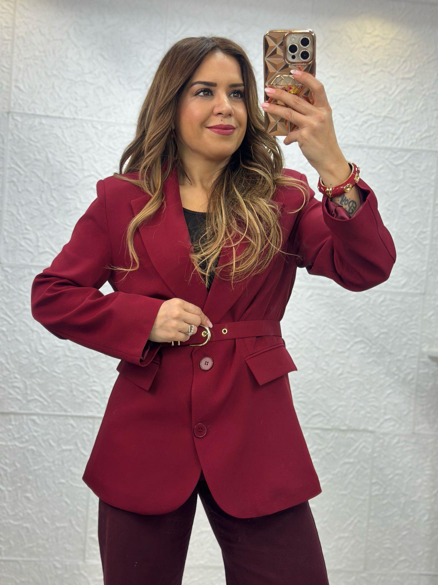 Beli Kemerli Bordo Blazer Ceket