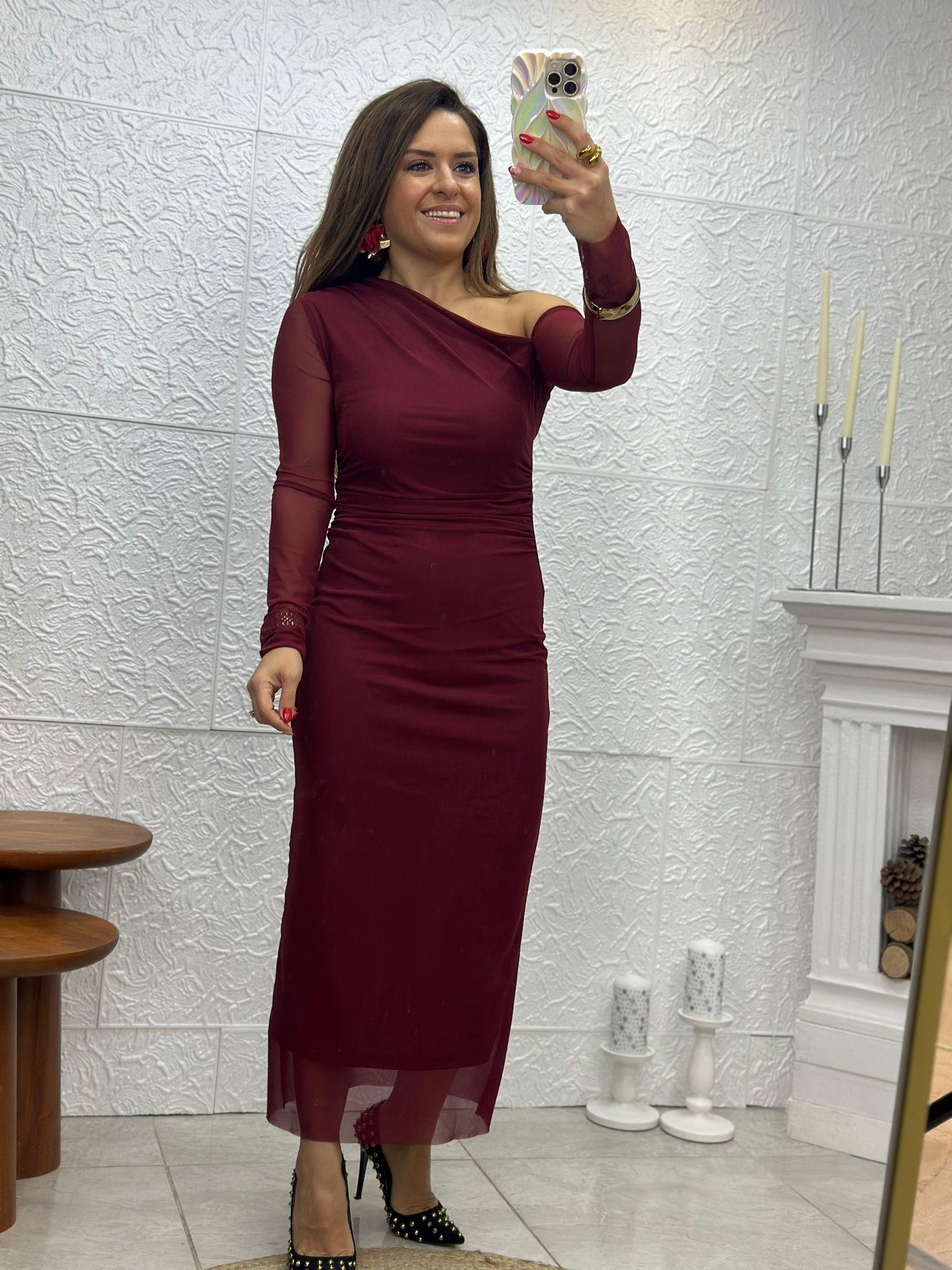 Bordo Büzgülü Elbise
