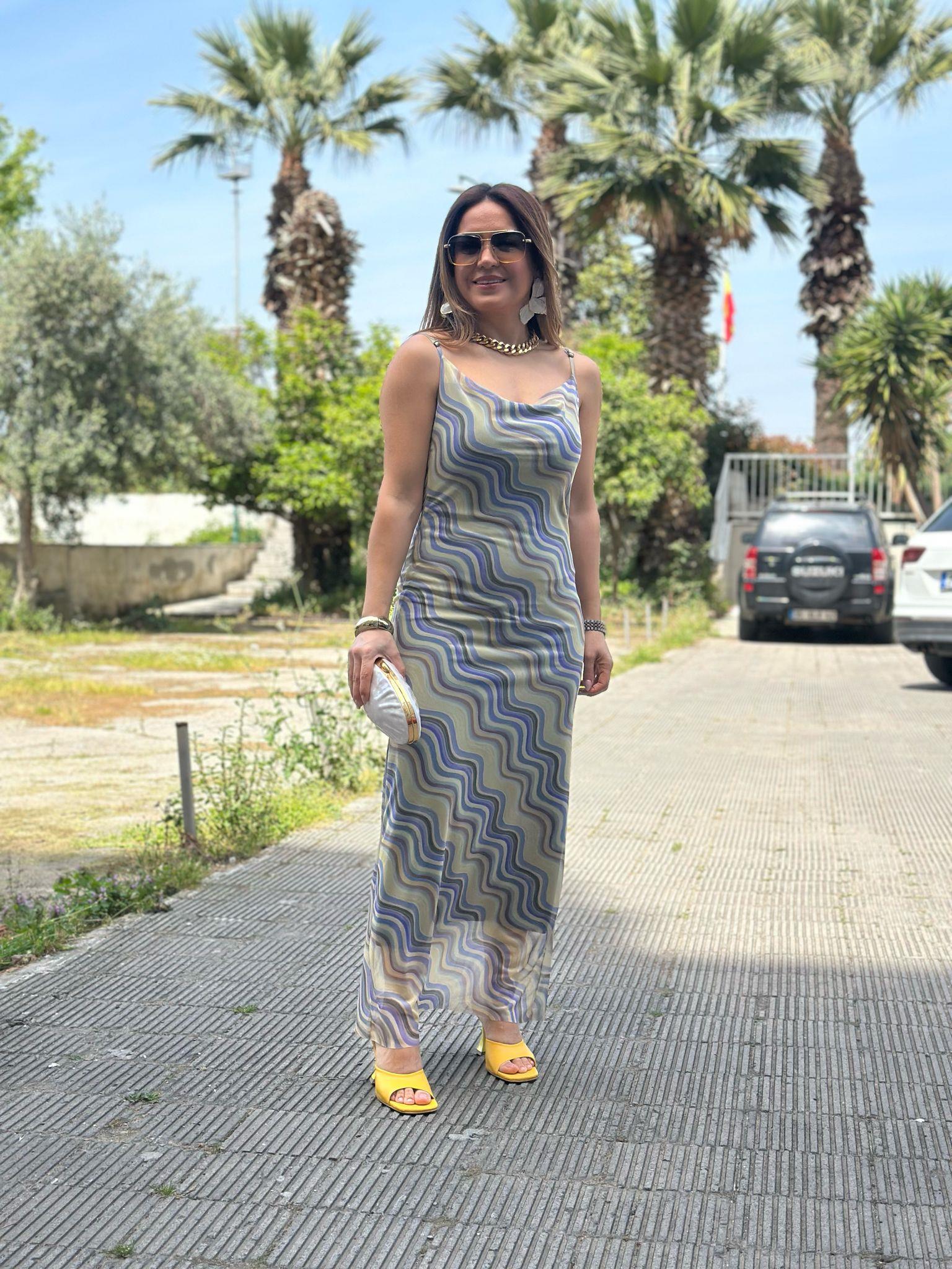 Degaje Yaka İp Askılı Yeşil Mor Elbise