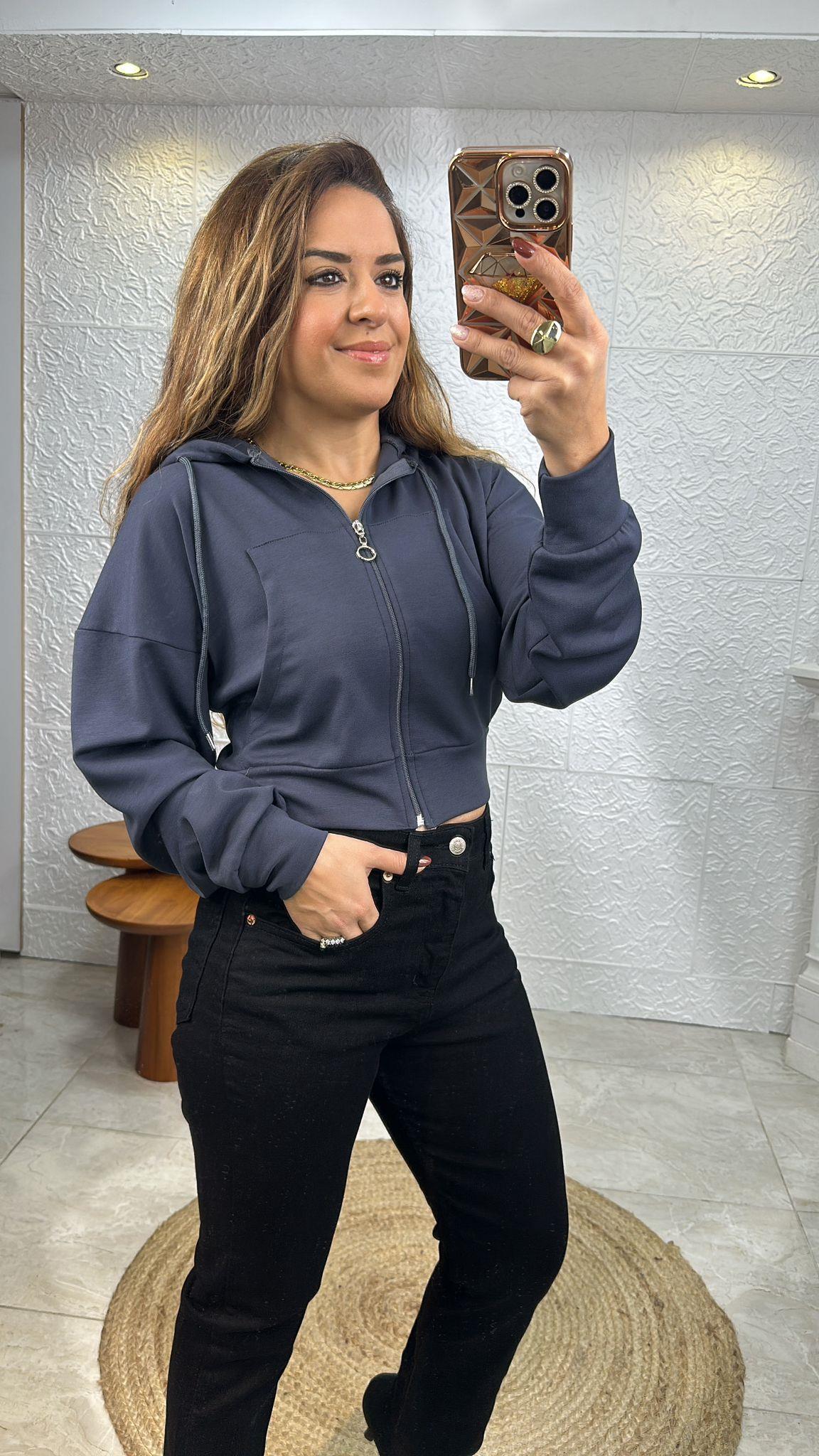 FERMUARLI KAPÜŞONLU FÜME CROP CEKET