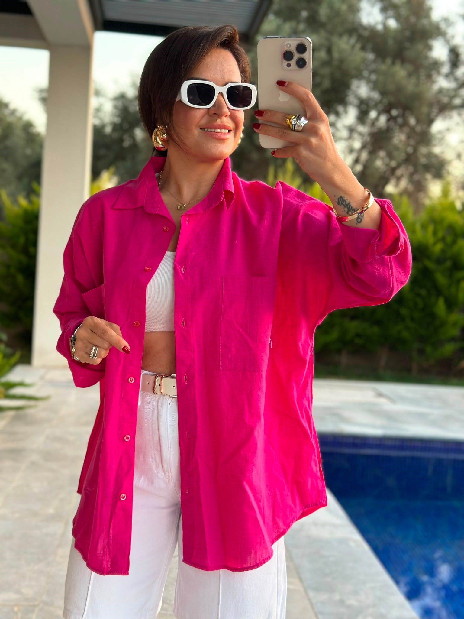 Fuşya Çift Cepli Oversize Gömlek