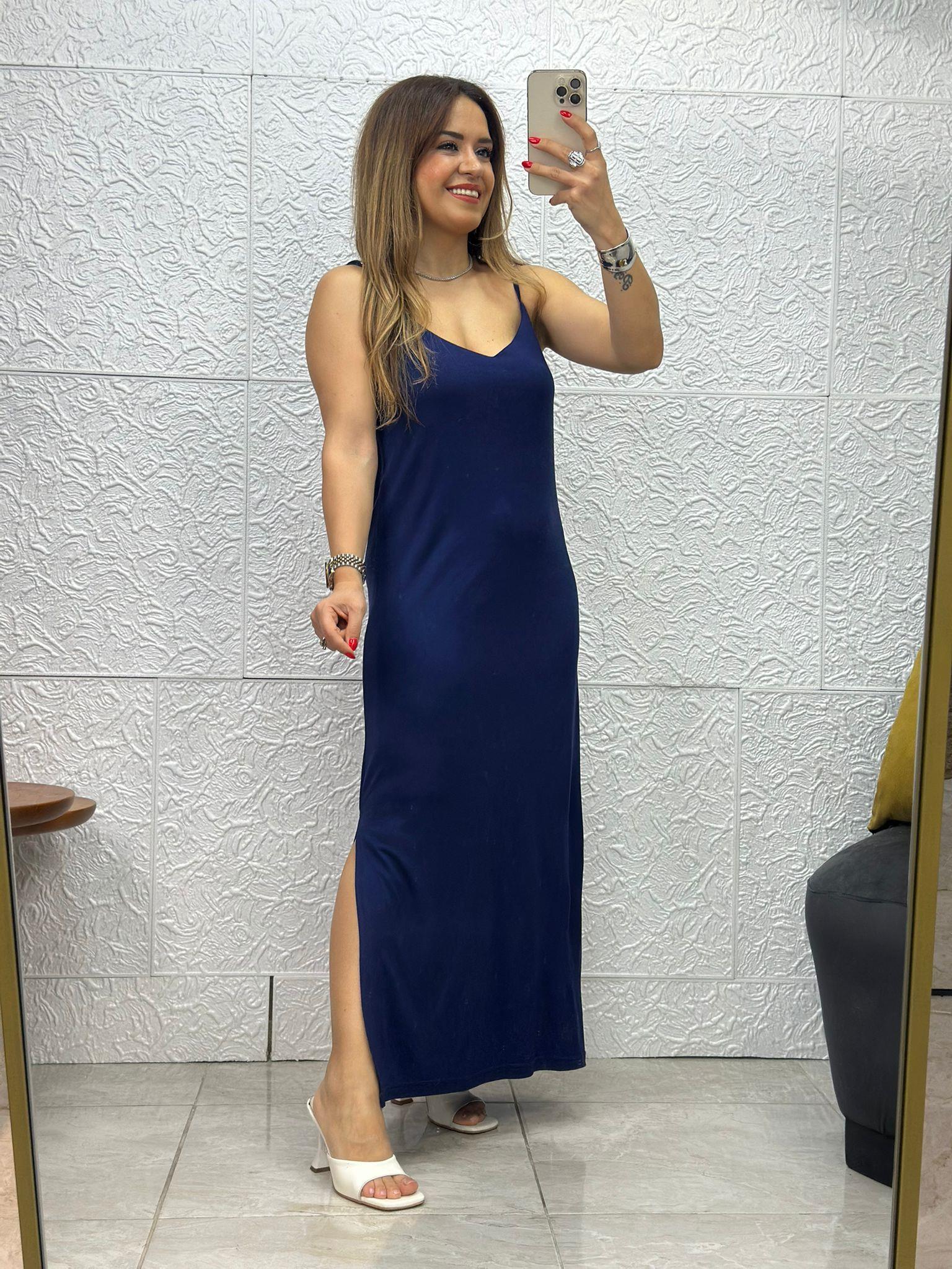 İnce Askılı Yırtmaçlı Lacivert Elbise