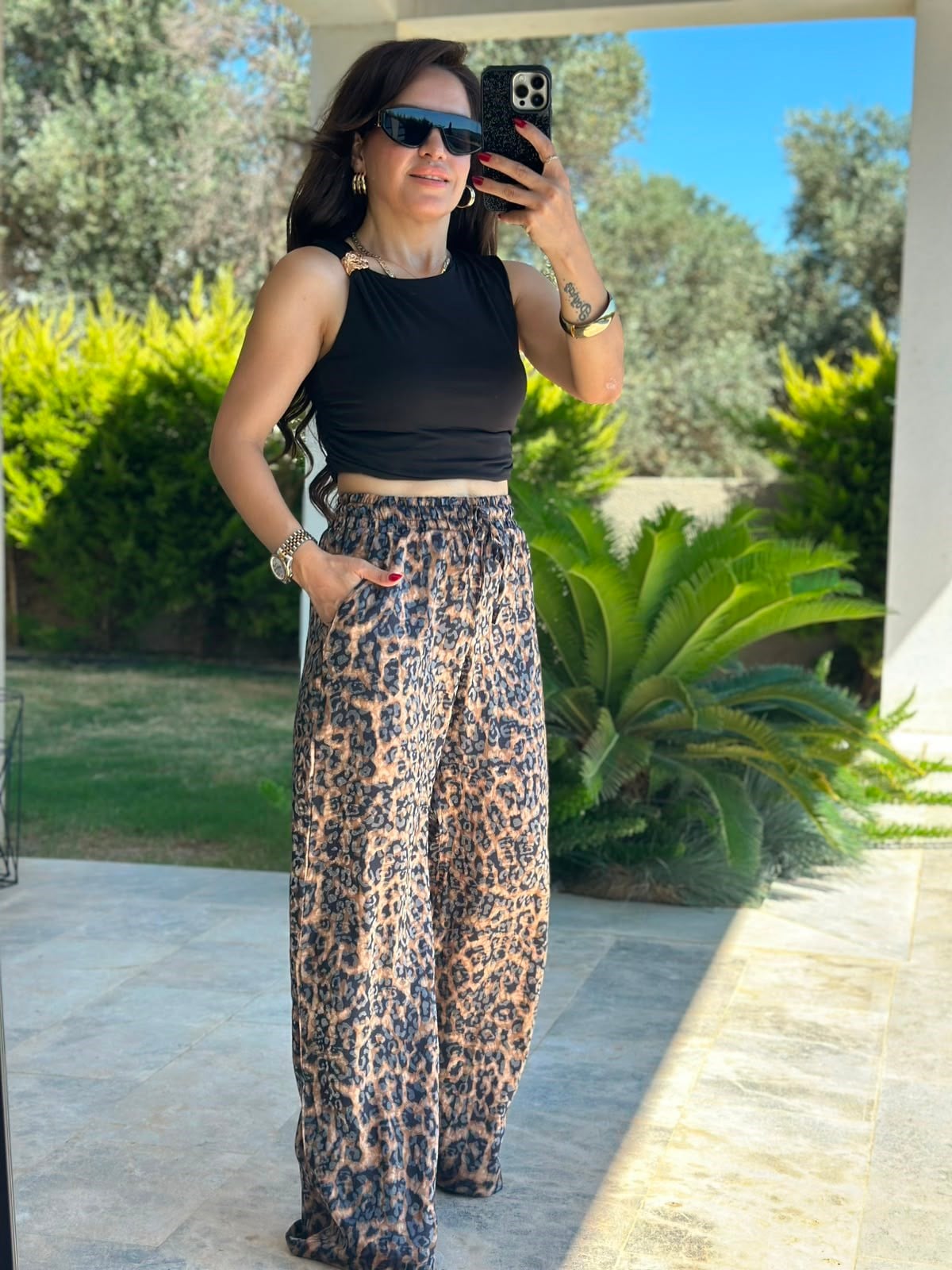 Kahverengi Leopar Bol Paça Pantolon