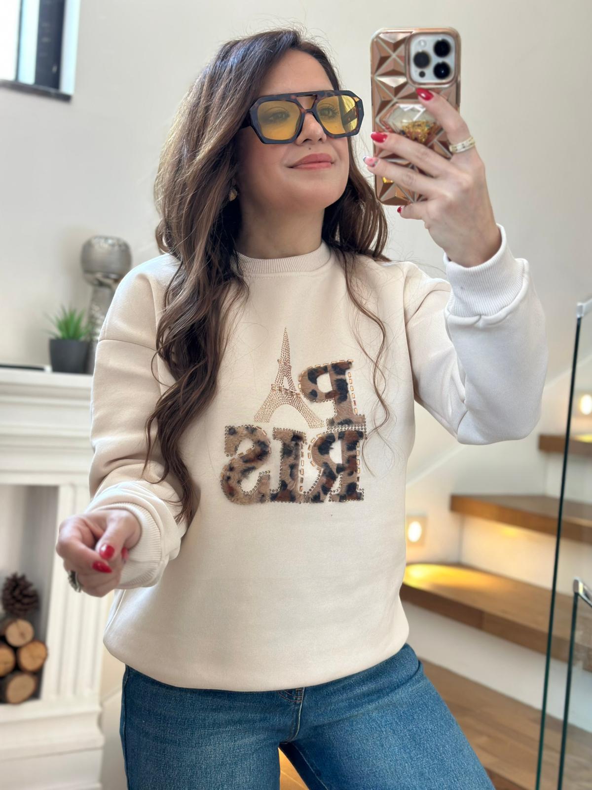 Leopar Paris Krem Sweatshirt