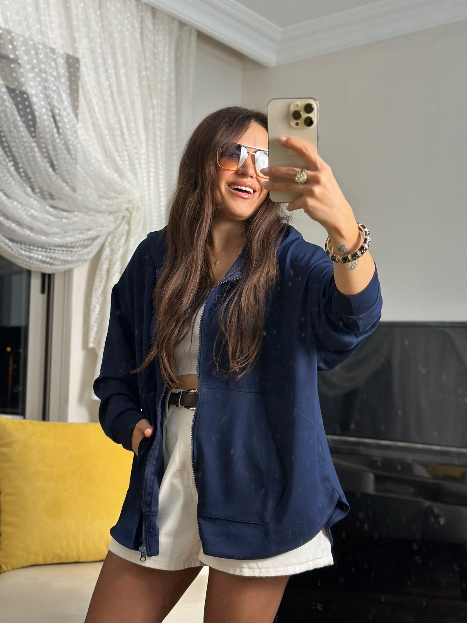 Modal Fermuarlı Oversize Kapüşonlu Ceket Lacivert
