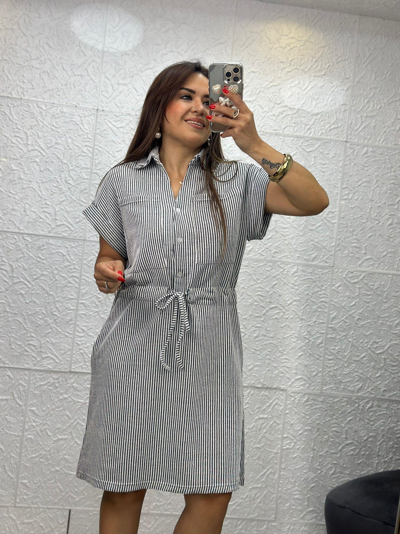 Polo Yaka Çizgili Füme Elbise