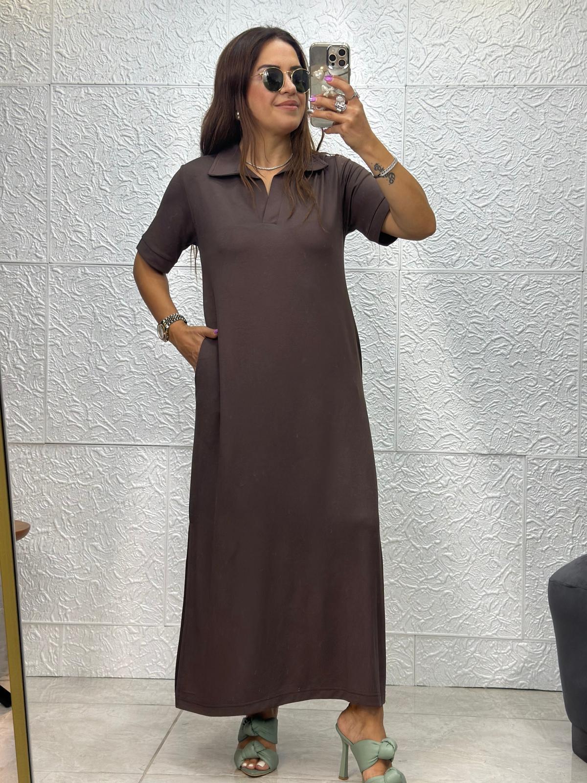 Polo Yaka Kahverengi Elbise