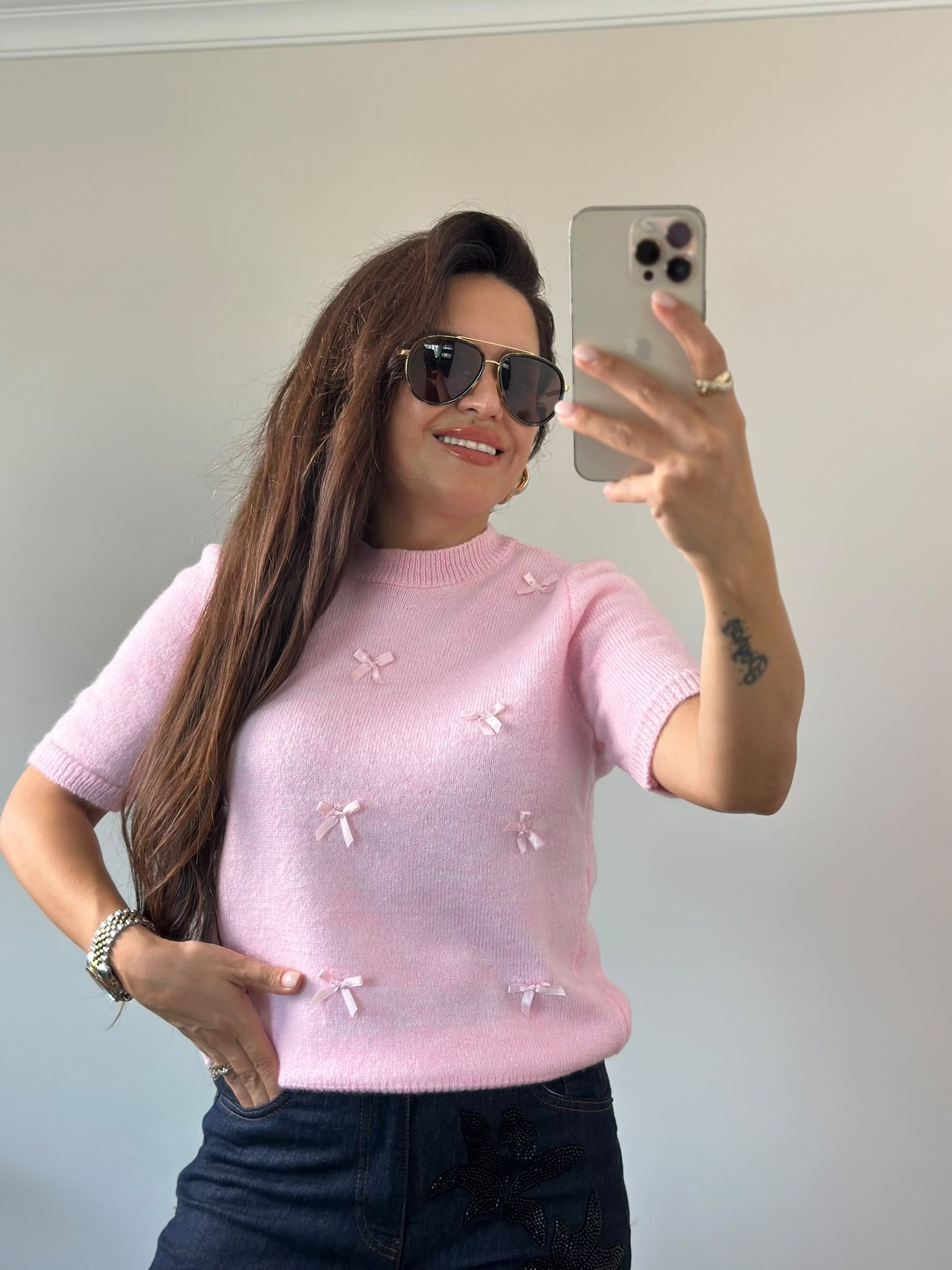 Sıfır Yaka Pembe Kurdelalı Triko