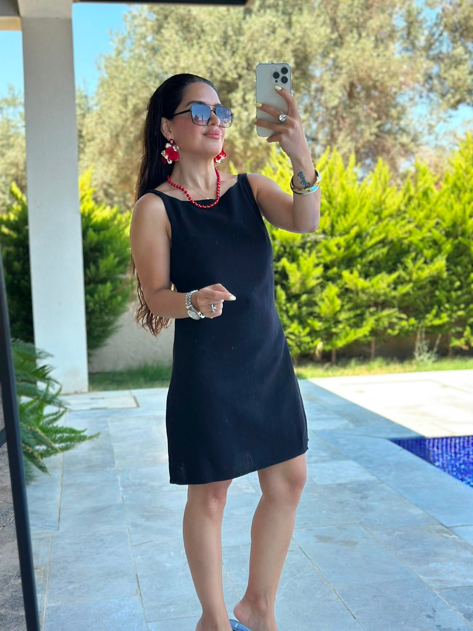 Sırtı Açık Keten Elbise Siyah