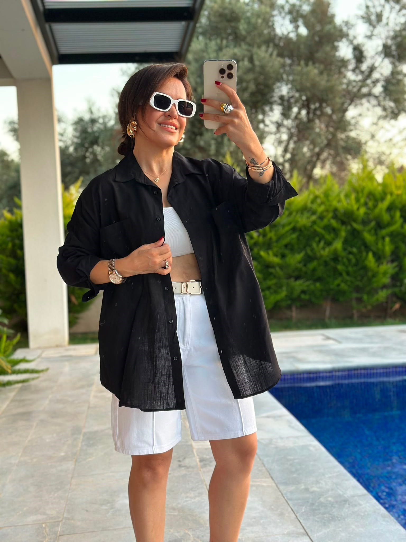 Siyah Çift Cepli Oversize Gömlek