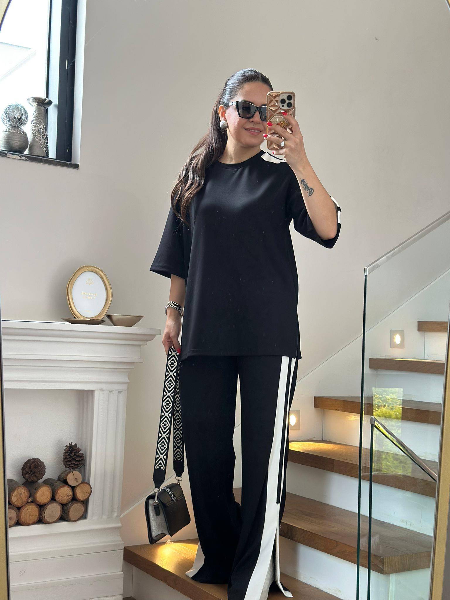 Siyah Modal Yan Şeritli Tshirt Pantolon Takım
