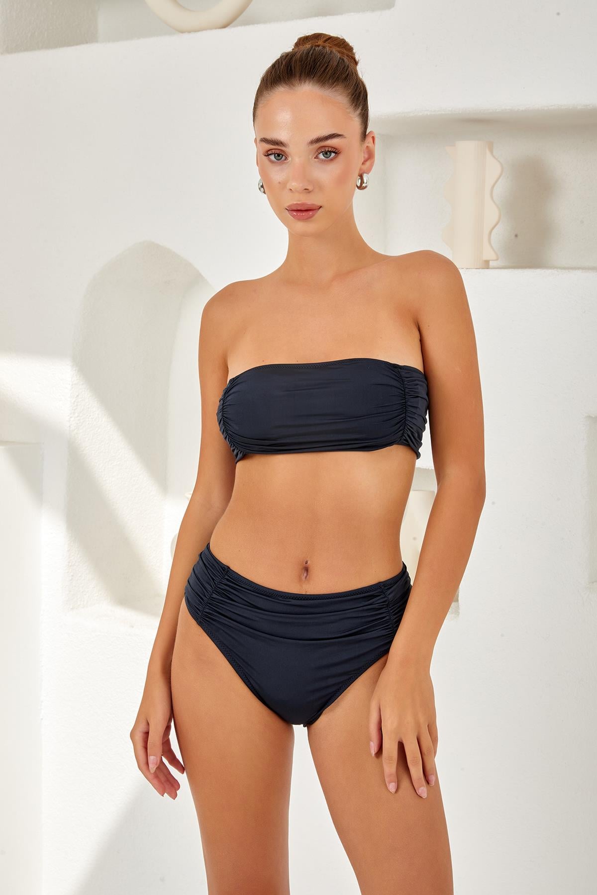 Straplez Büzgülü Lacivert Bikini Takım Lpn254248
