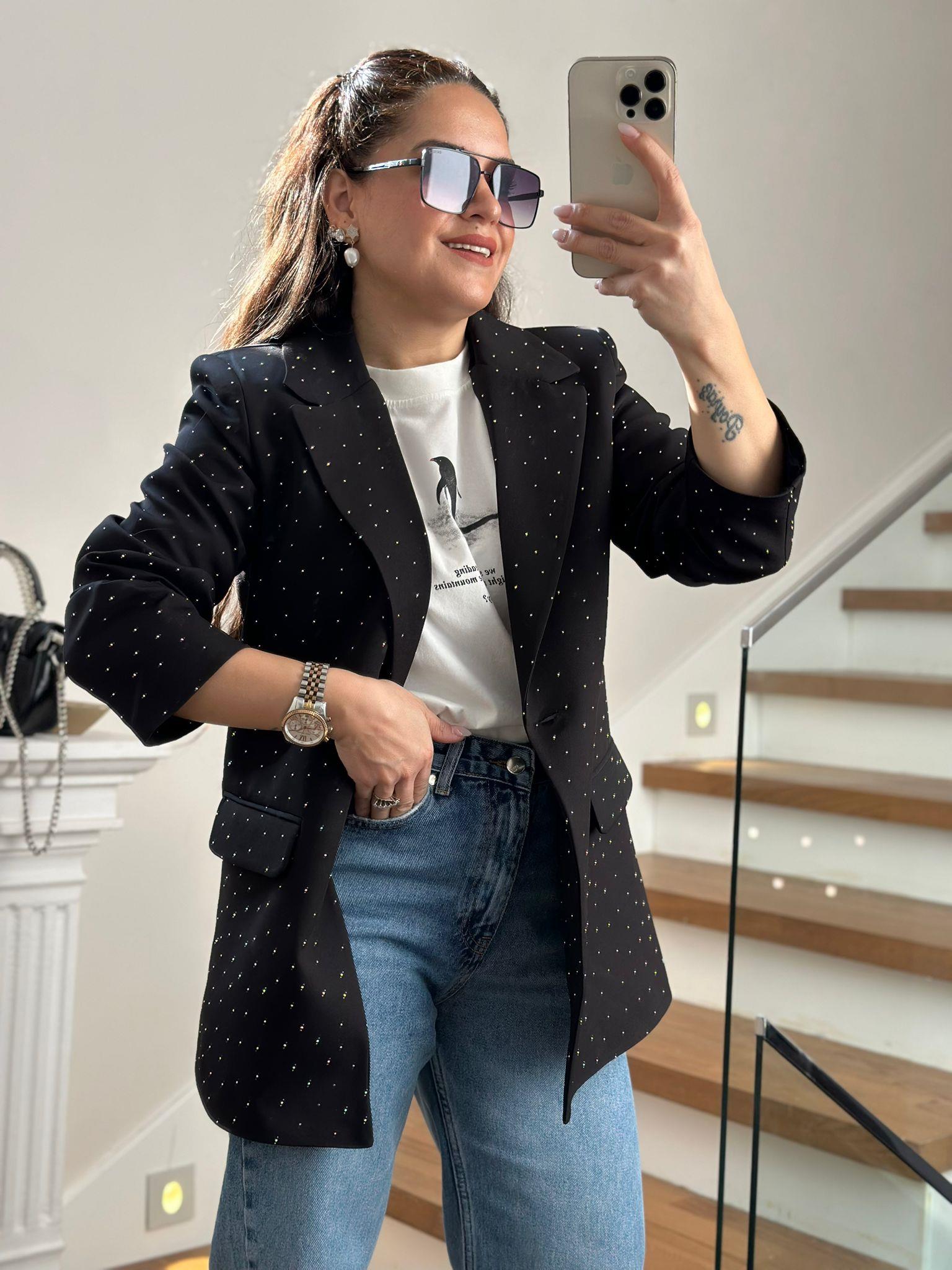 Taşlı Siyah Blazer Ceket