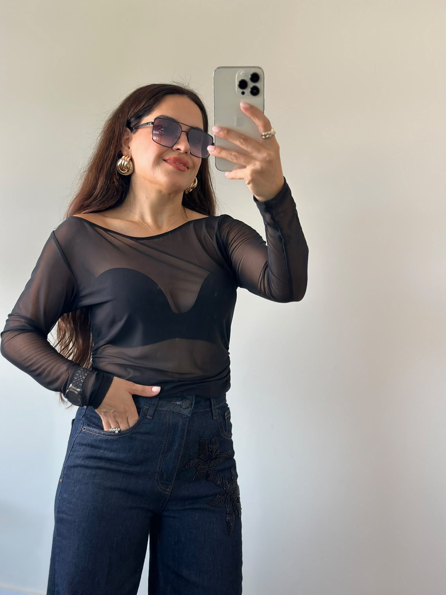 Uzun Kollu Tül Siyah Bluz Lpn264830