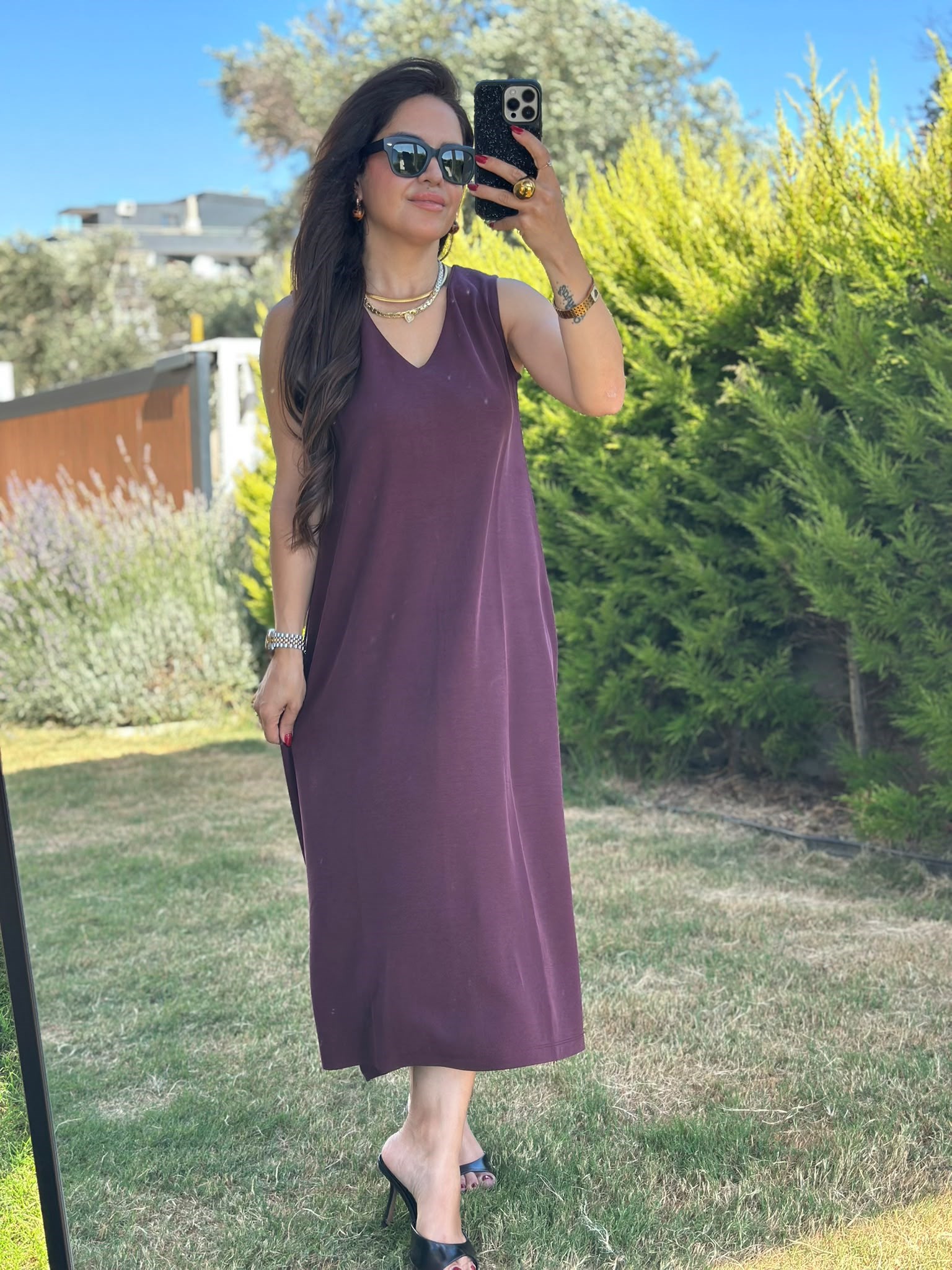 V Yaka Bordo Modal Elbise
