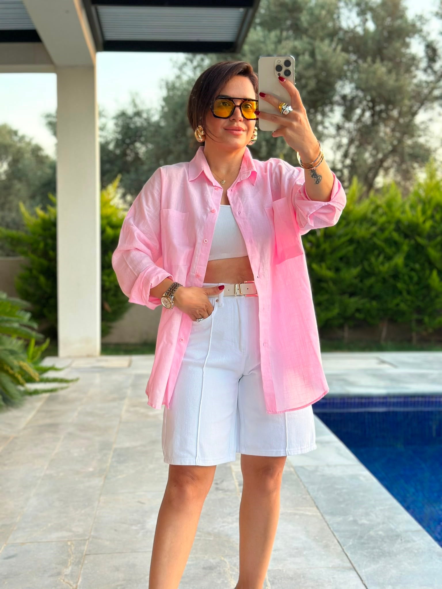 Açık Pembe Çift Cepli Oversize Gömlek