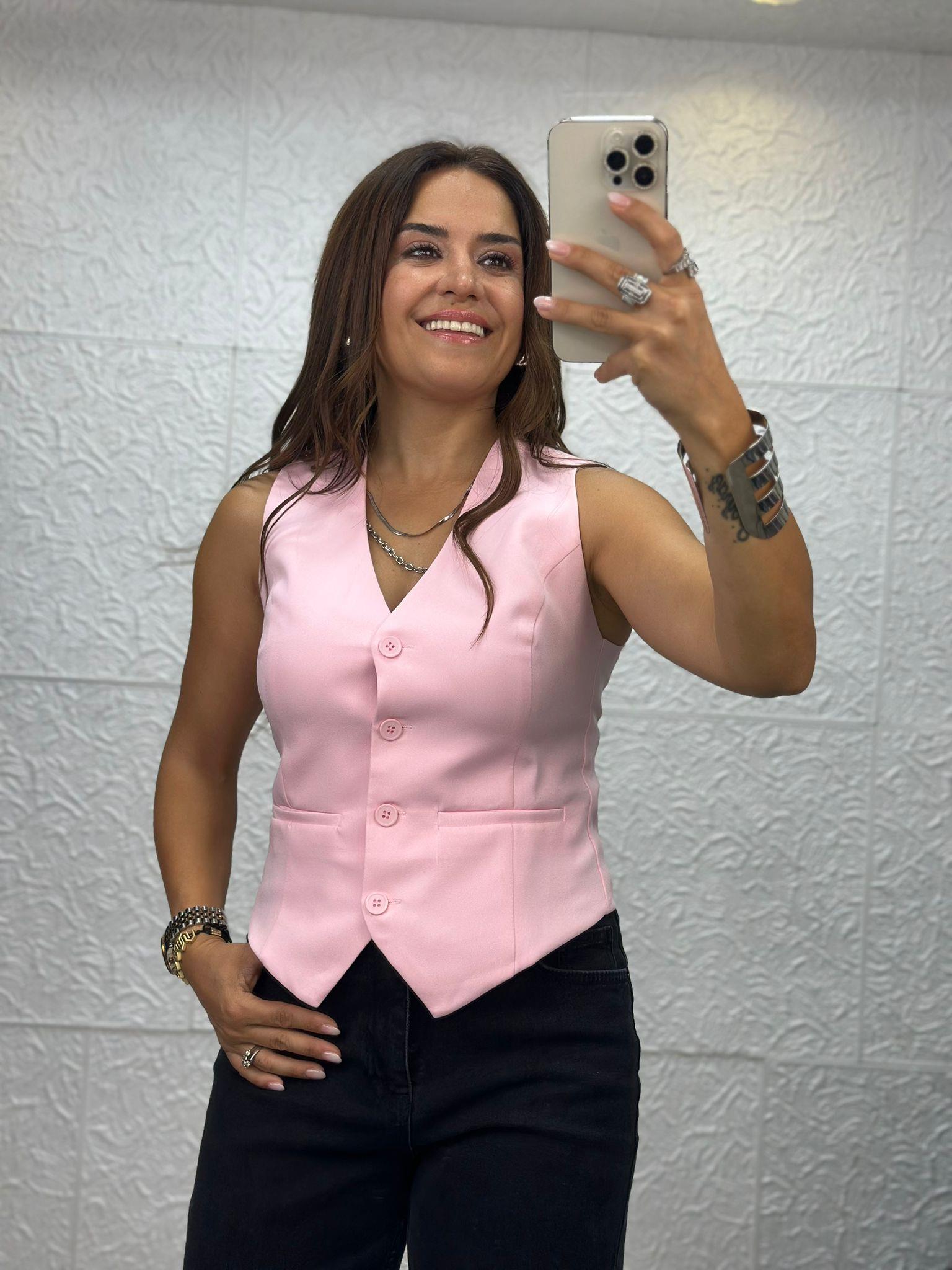 Açık Pembe Keten Yelek