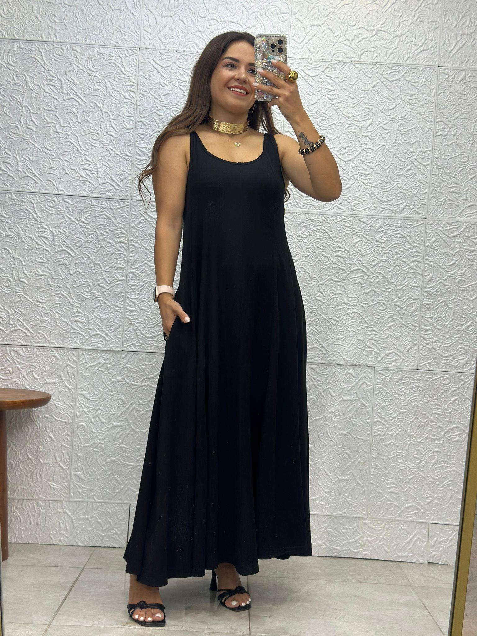 Askılı Önden Çizgili Siyah Elbise