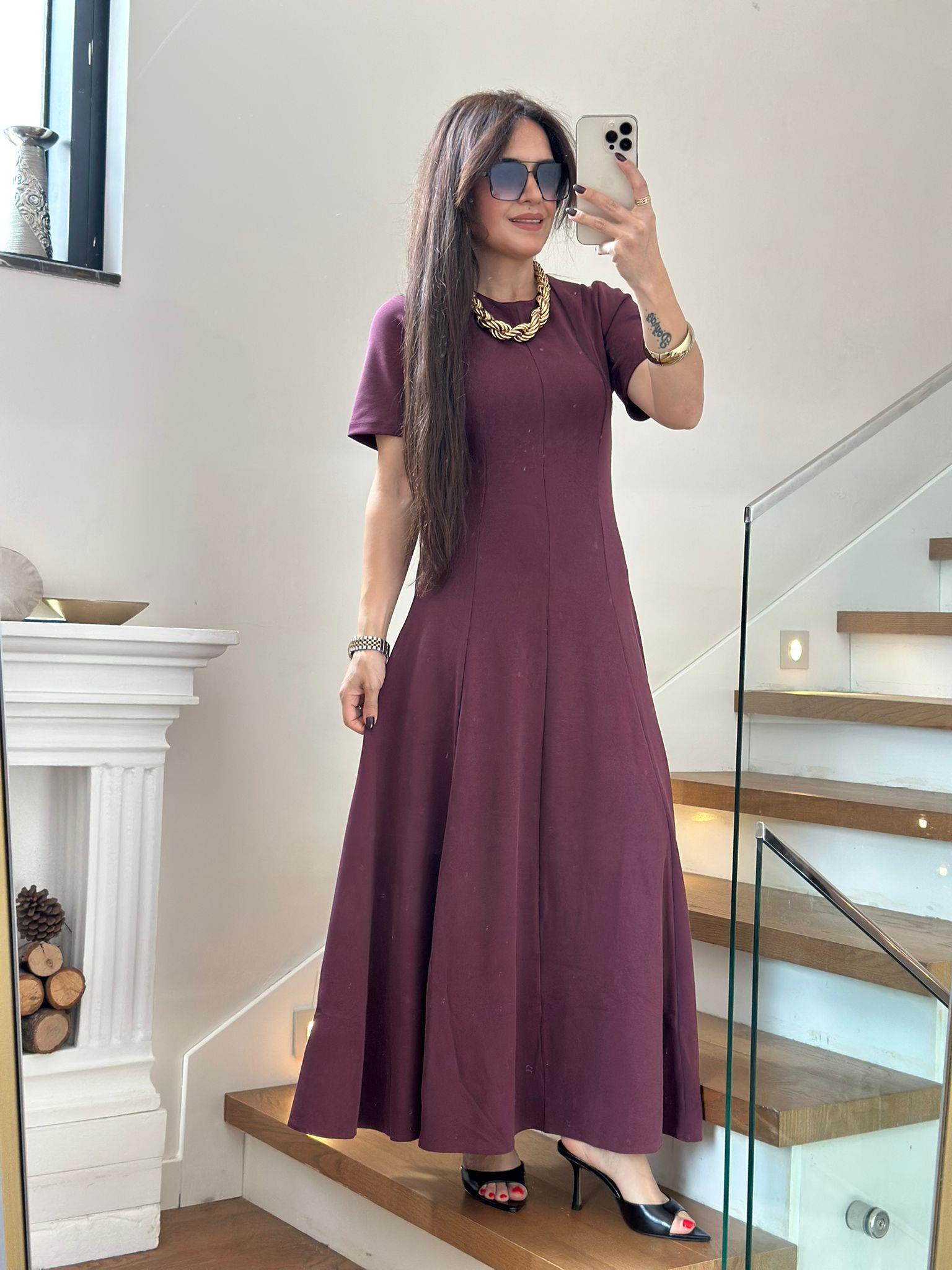 Belden Oturtmalı Bordo Uzun Elbise