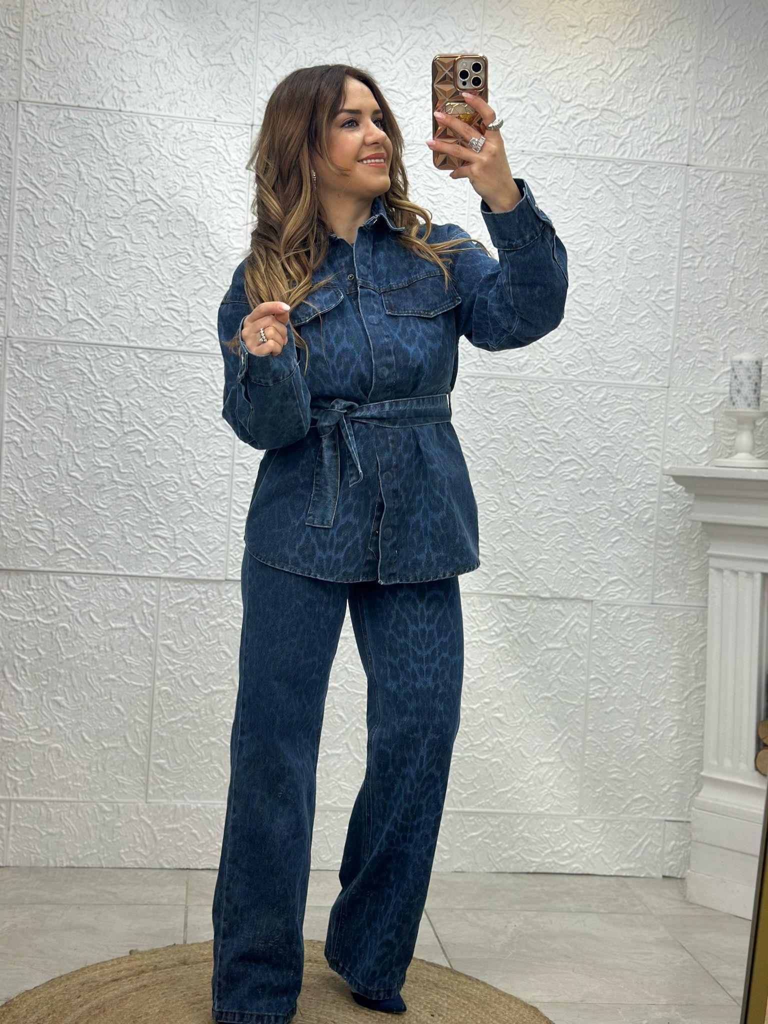 Beli Kemerli Leopar Desenli Mavi Jean Ceket