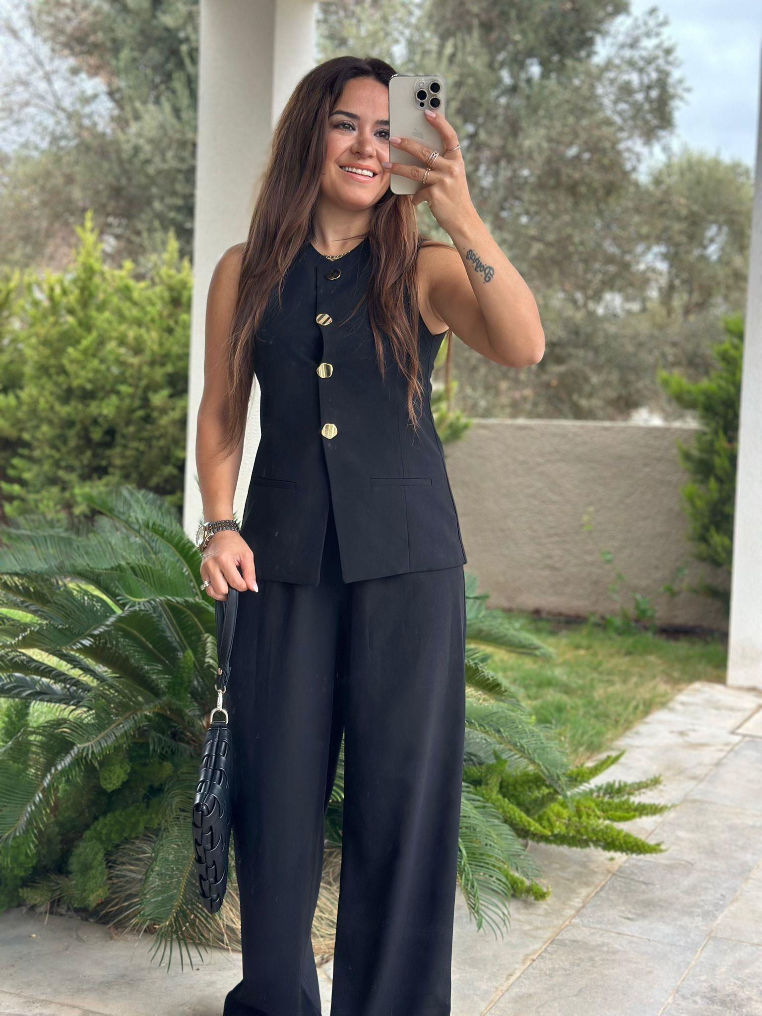 Beli Lastikli Palazzo Yelekli Siyah Takım