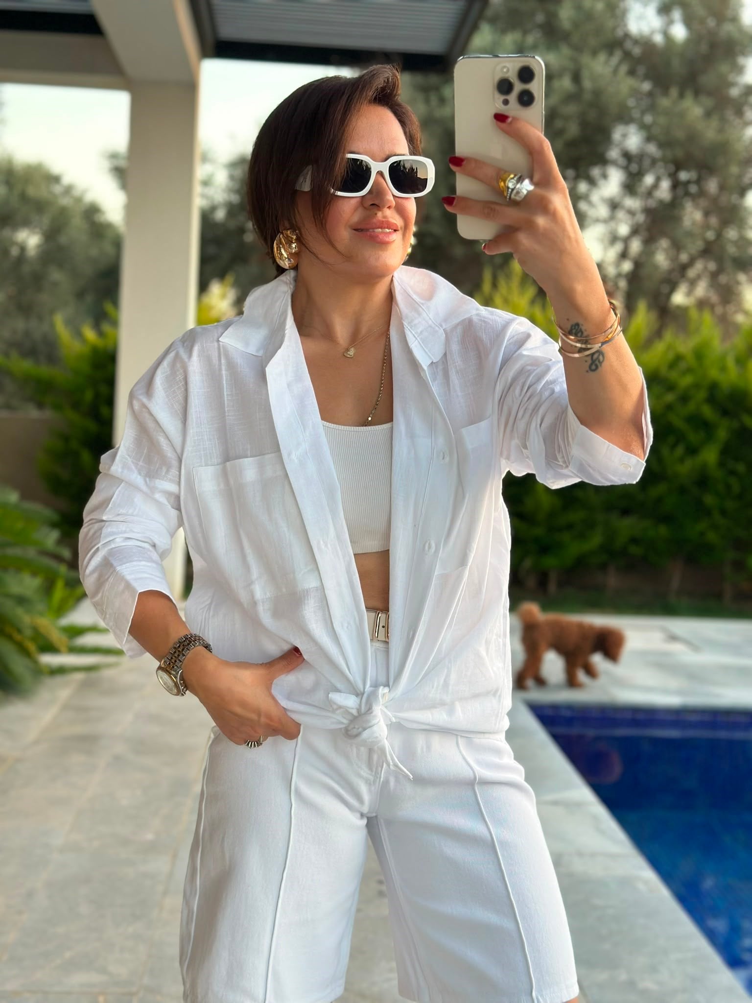 Beyaz Çift Cepli Oversize Gömlek
