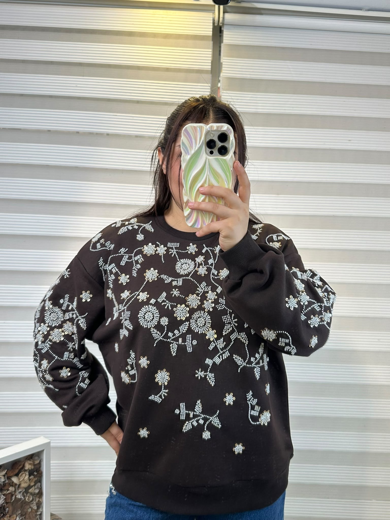 Boncuk İşlemeli Kahve Sweat Ceket