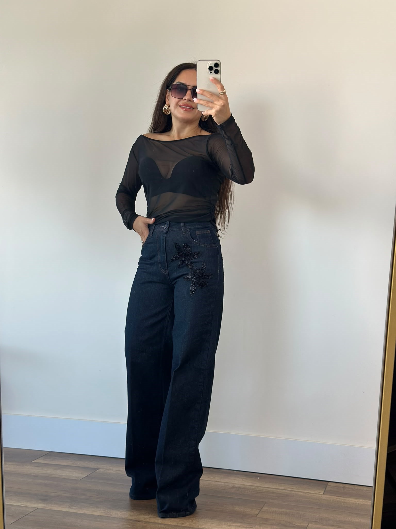 Boncuk İşlemeli Kot Denim