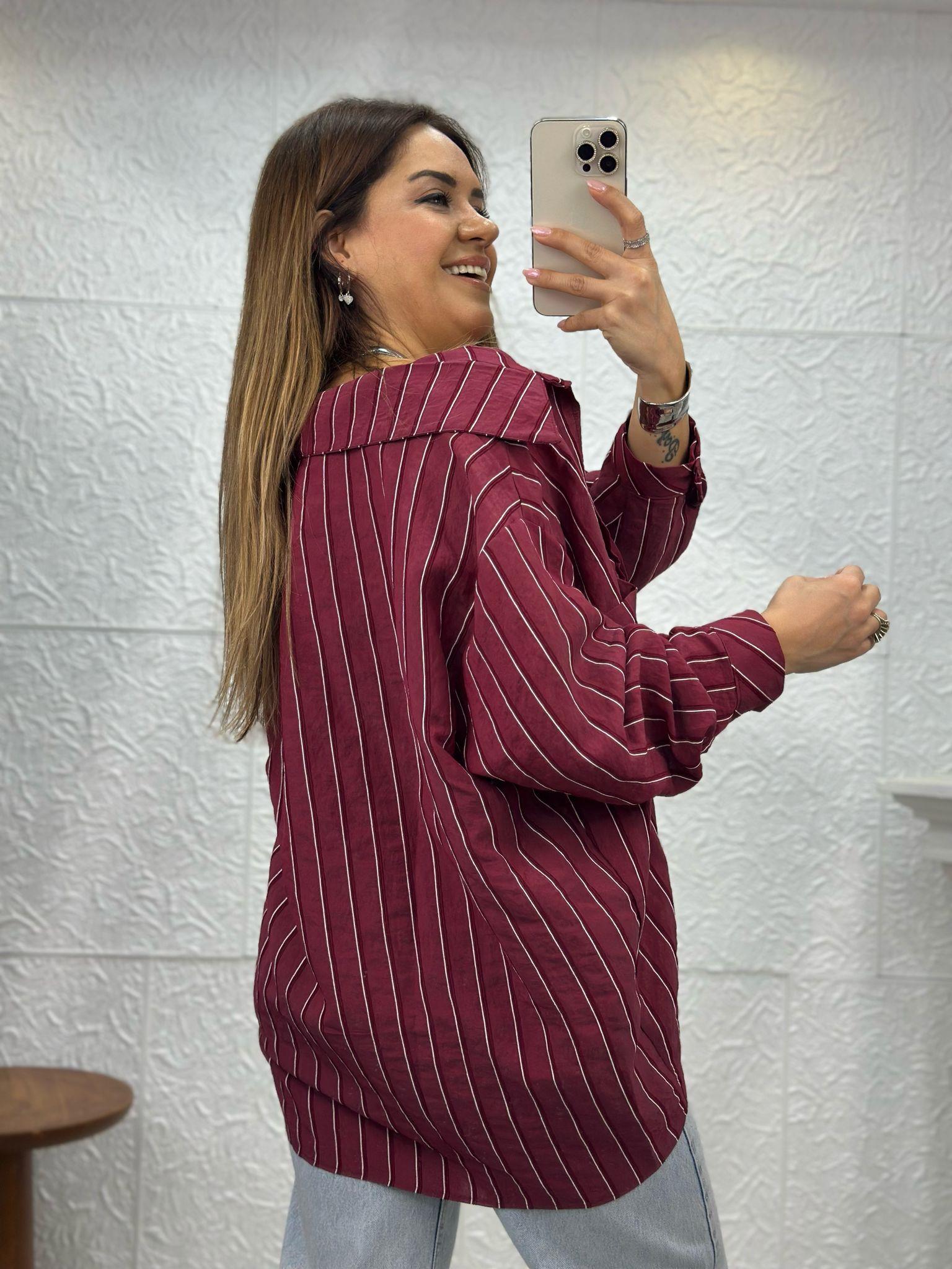 Bordo Çizgili Oversize Gömlek