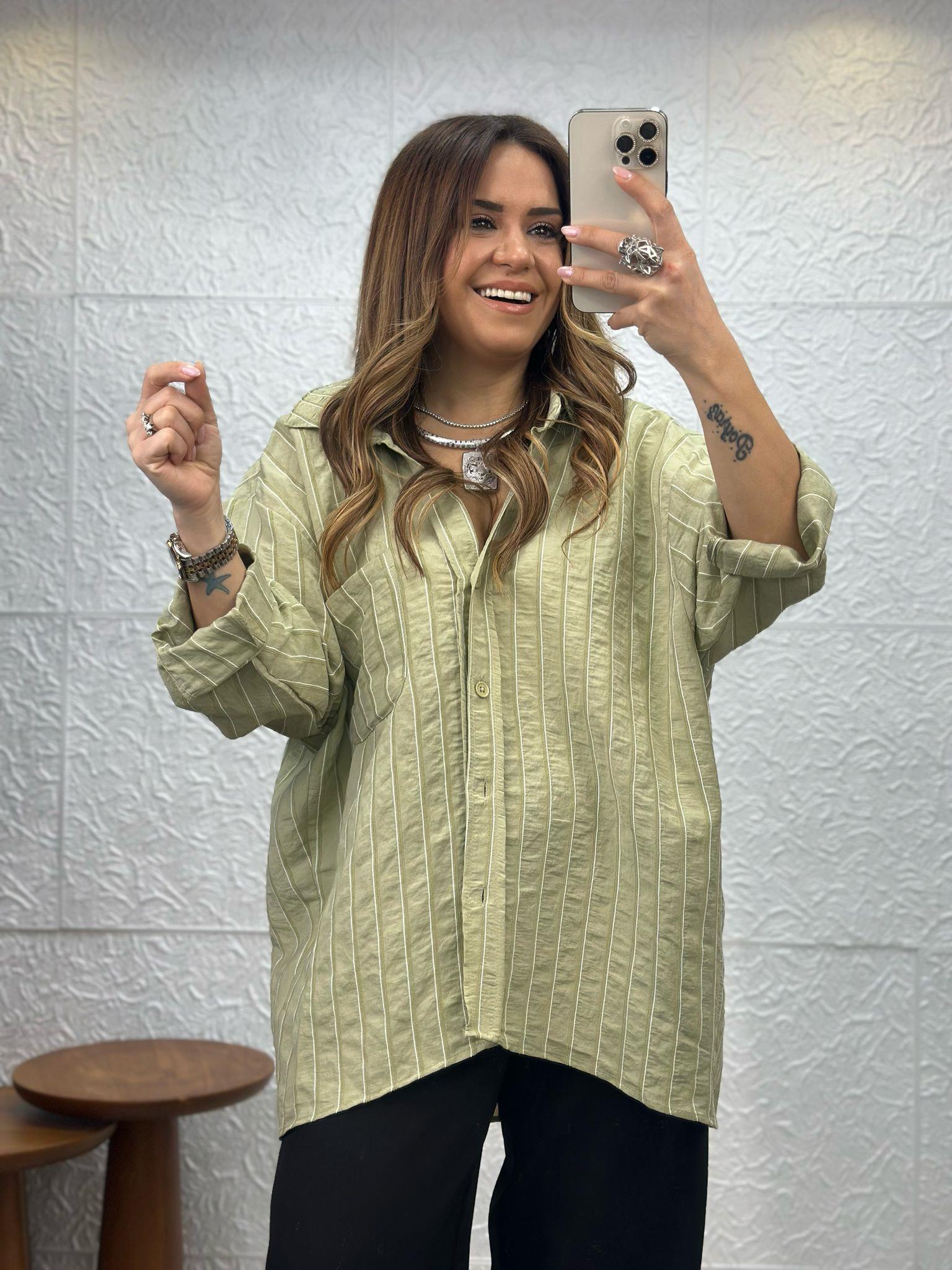 Çizgili Haki Oversize Gömlek