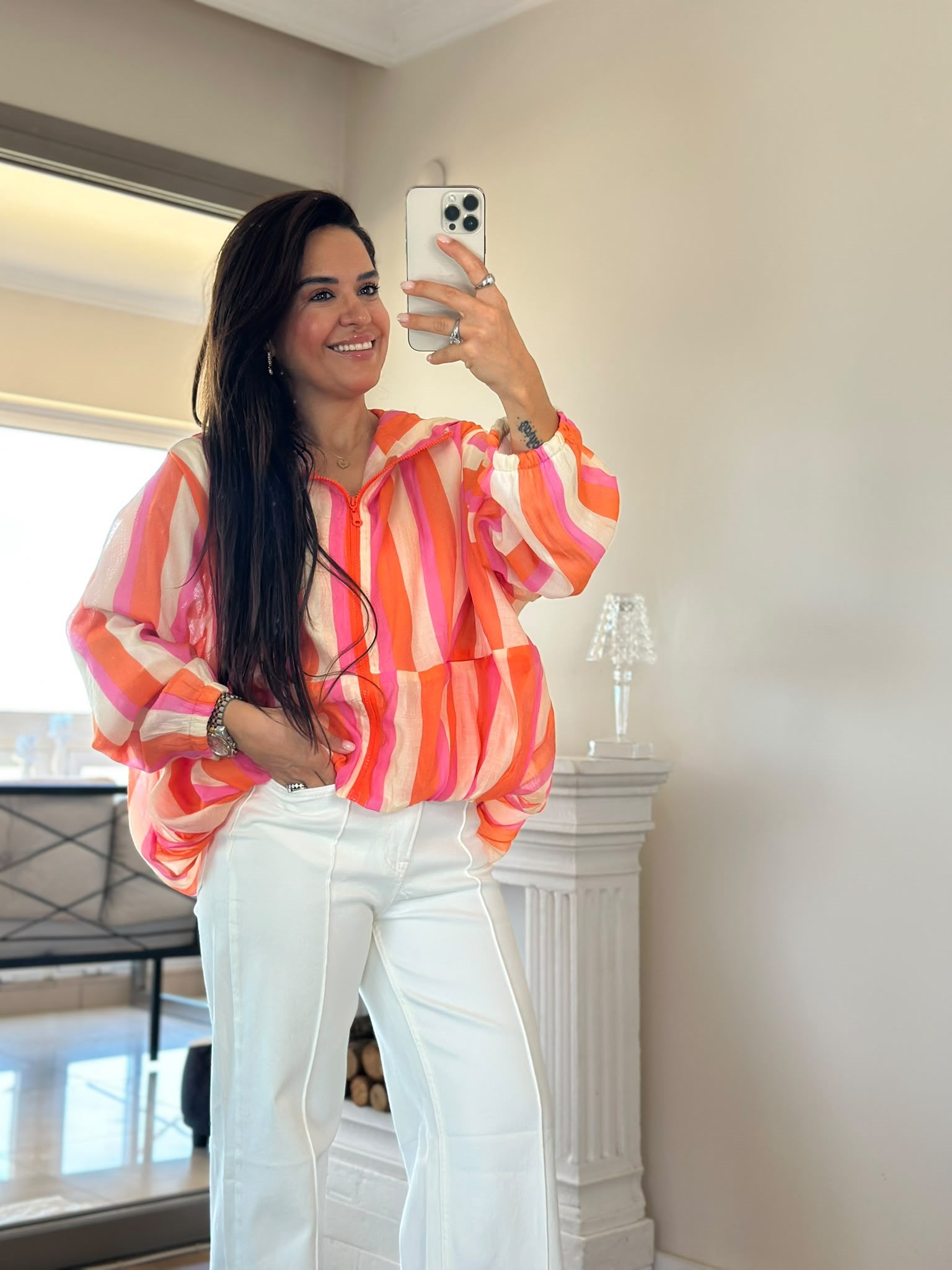 Çizgili Şifon Ceket Orange-Pembe