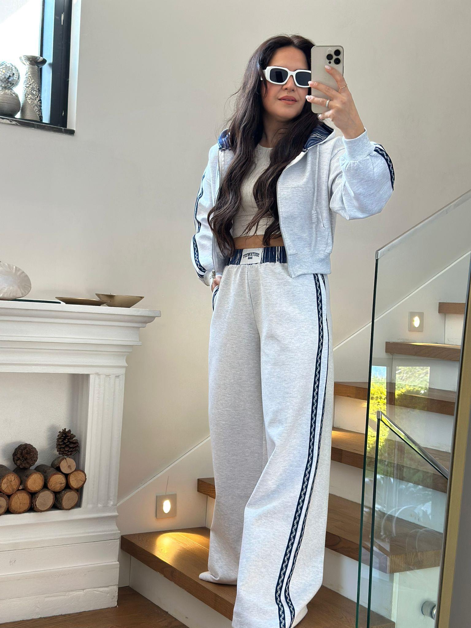 Crop Eşofman Pantolon Gri Takım