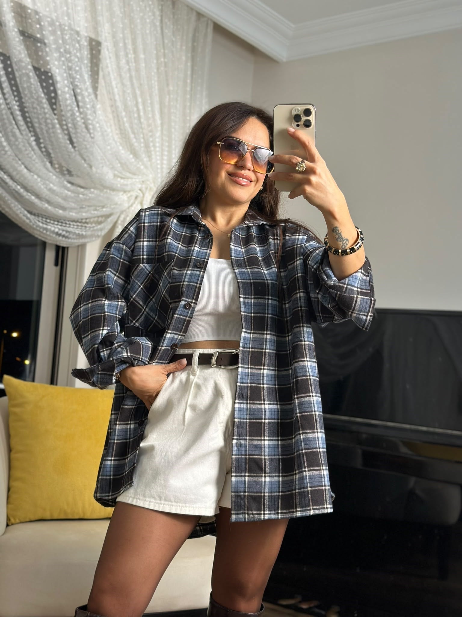 Ekose Pamuk Gri Mavi Oversize Gömlek