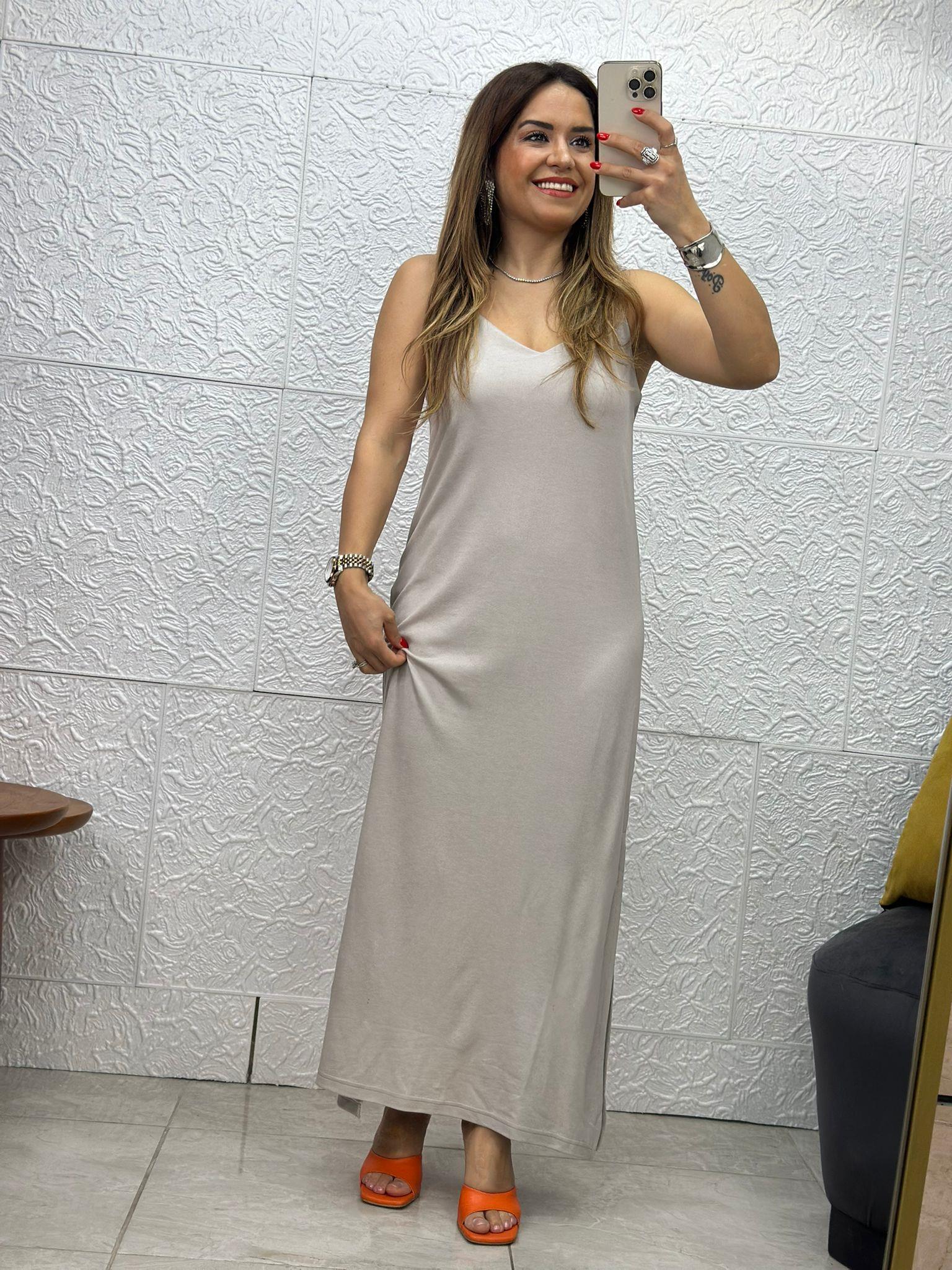 İnce Askılı Yırtmaçlı Bej Elbise