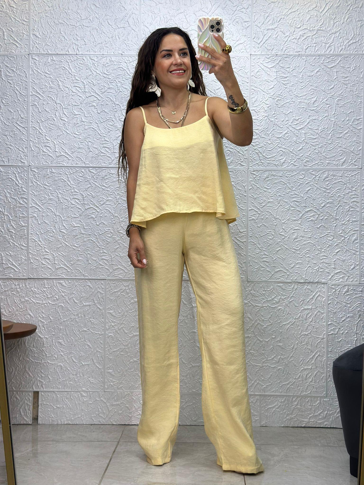 İp Askılı Sarı Pantolon Takım