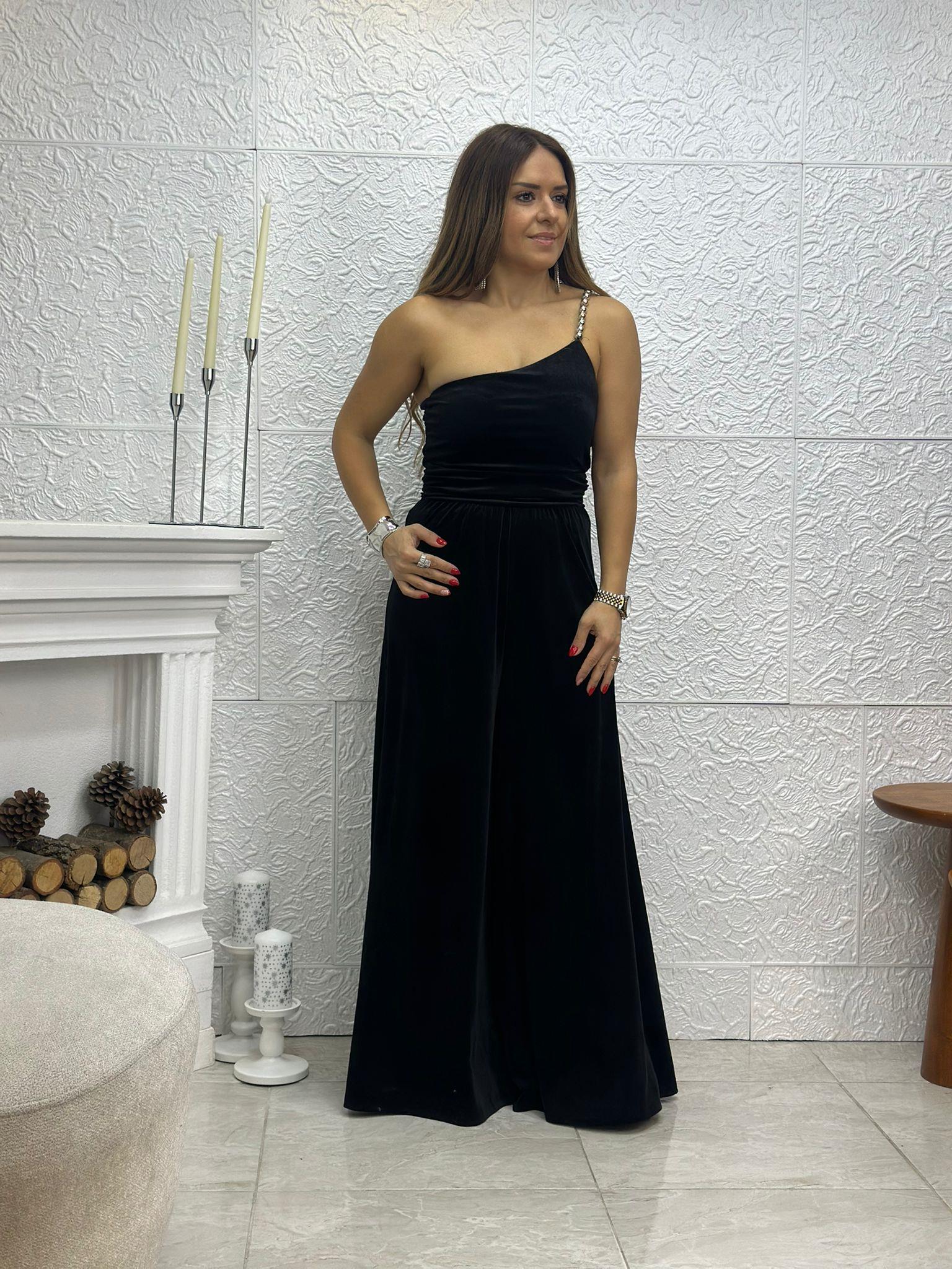 Kadife Boncuk Detaylı Tek Omuz Tulum