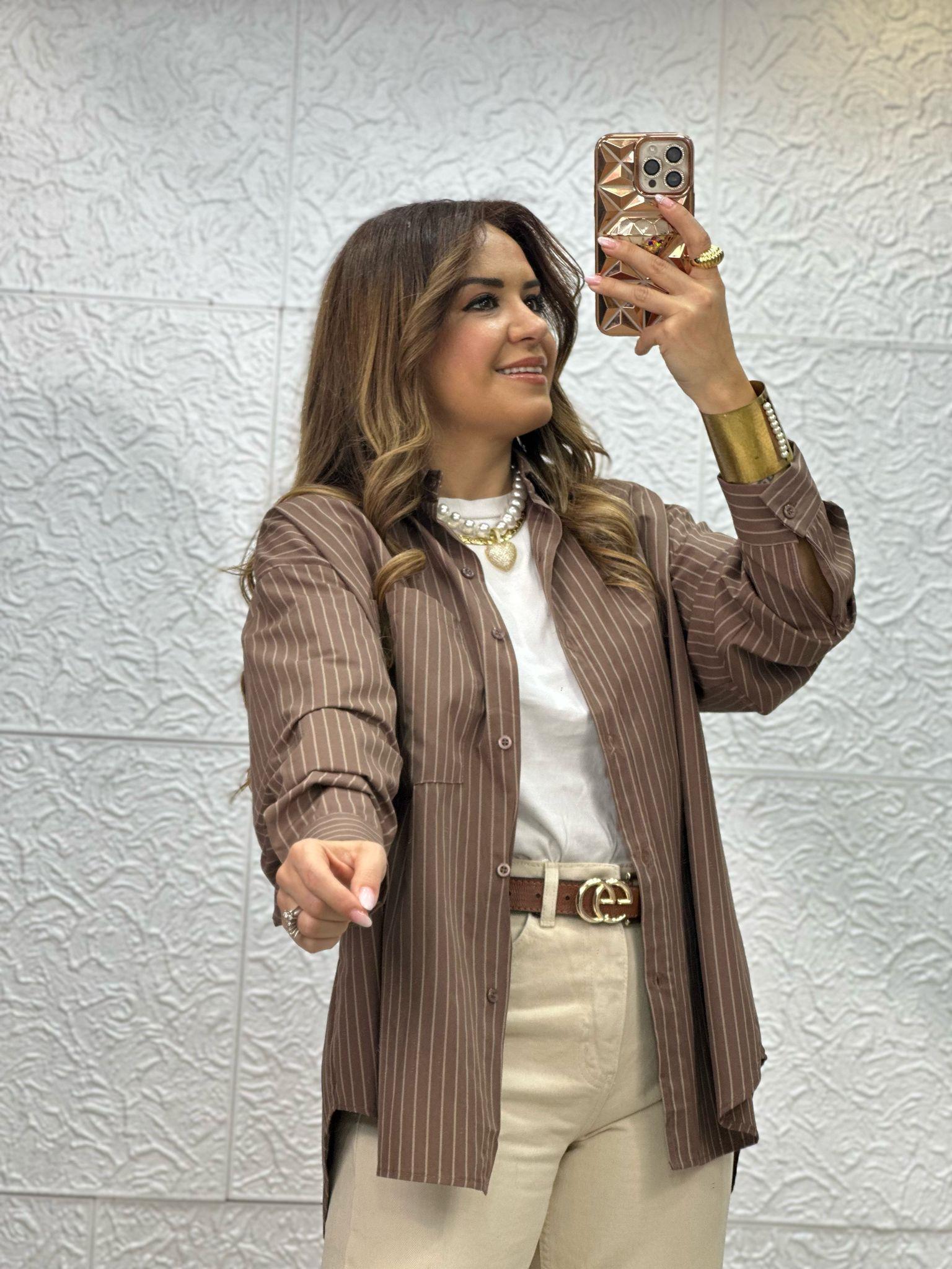 Kahve Bej Çizgili Gömlek