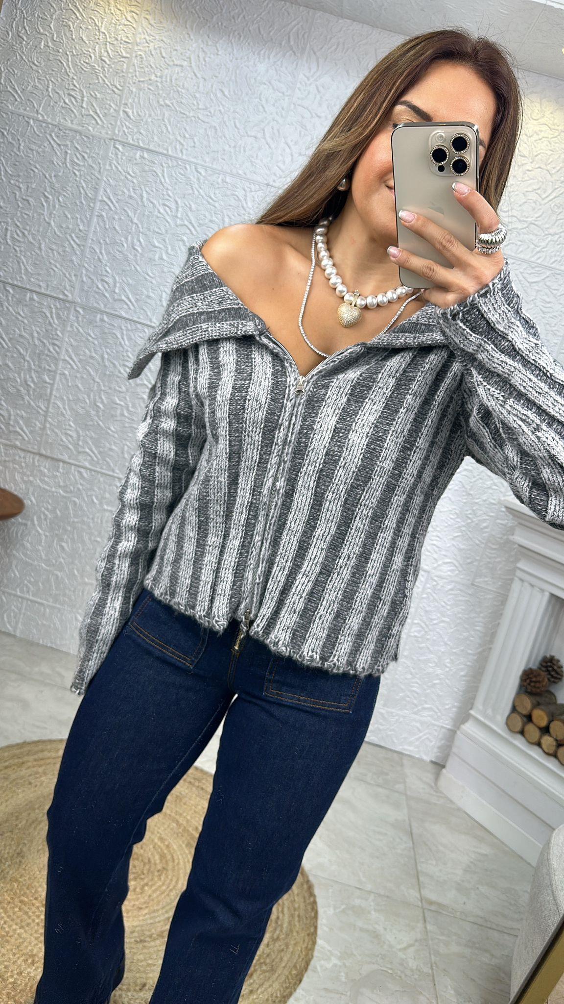 KALIN FİTİLLİ FERMUARLI GRİ BEYAZ HIRKA
