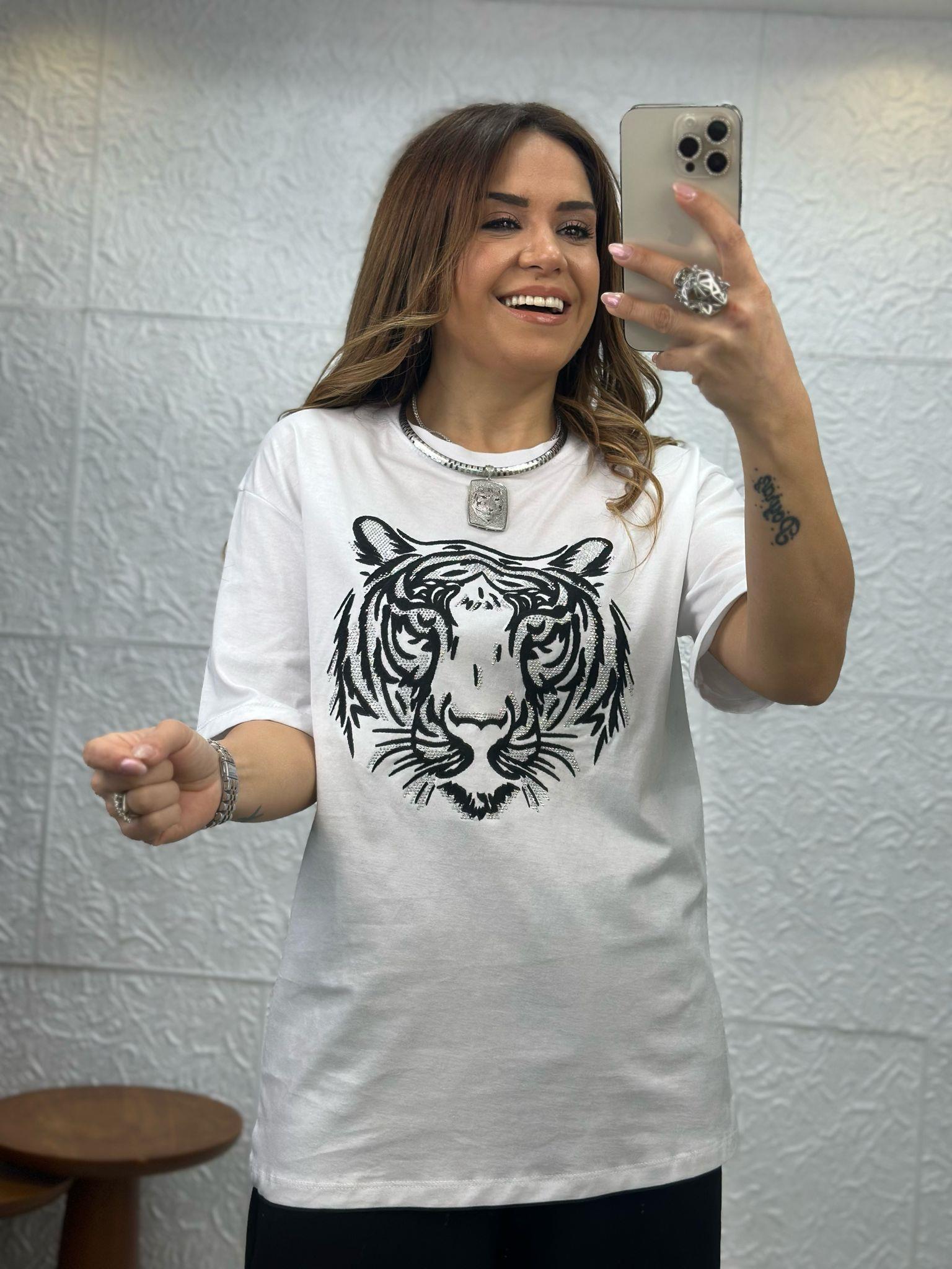 Kaplan Desenli Taşlı Beyaz Tshirt
