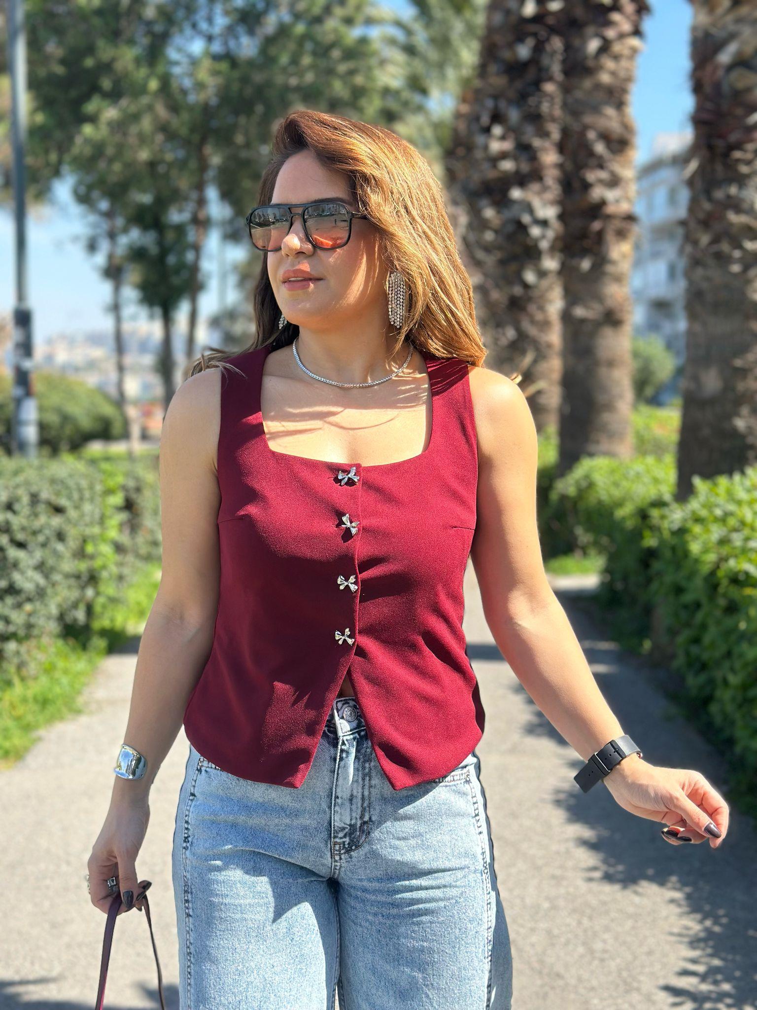 Kurdela Düğmeli Bordo Yelek