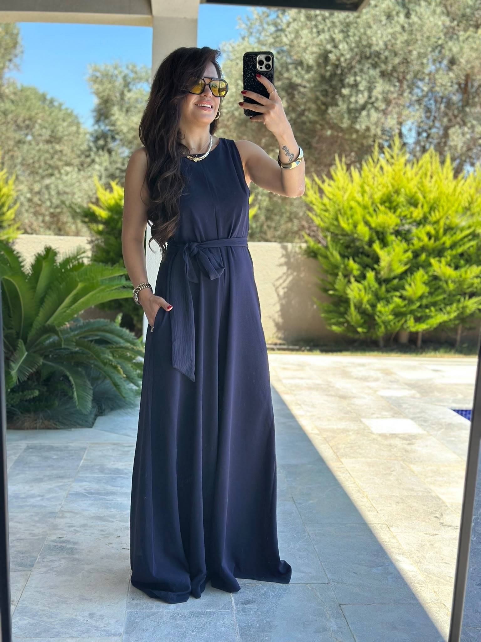 Kuşaklı Lacivert Bol Tulum Pantolon