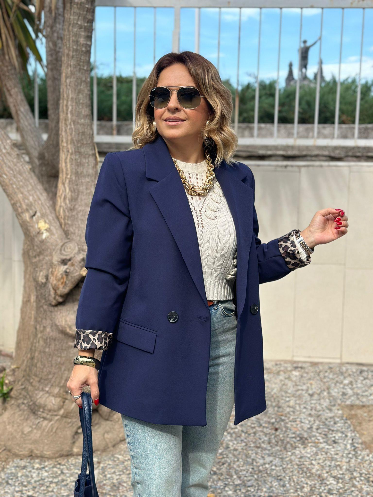 Leopar Astarlı Lacivert Blazer Ceket