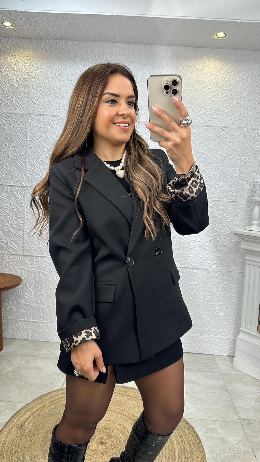 LEOPAR ASTARLI SİYAH BLAZER CEKET