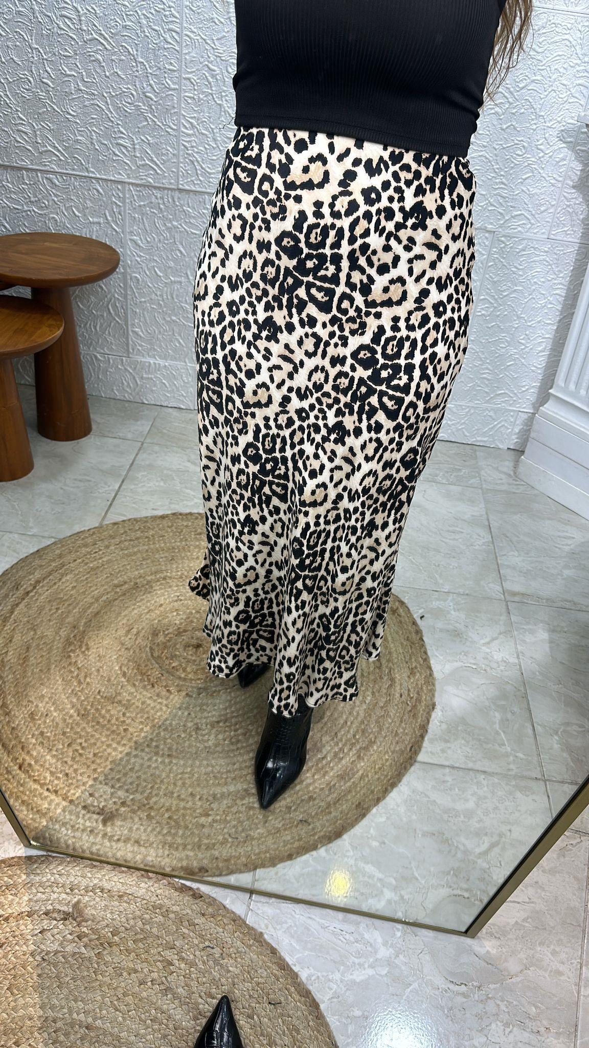 Leopar Bej Siyah Saten Etek