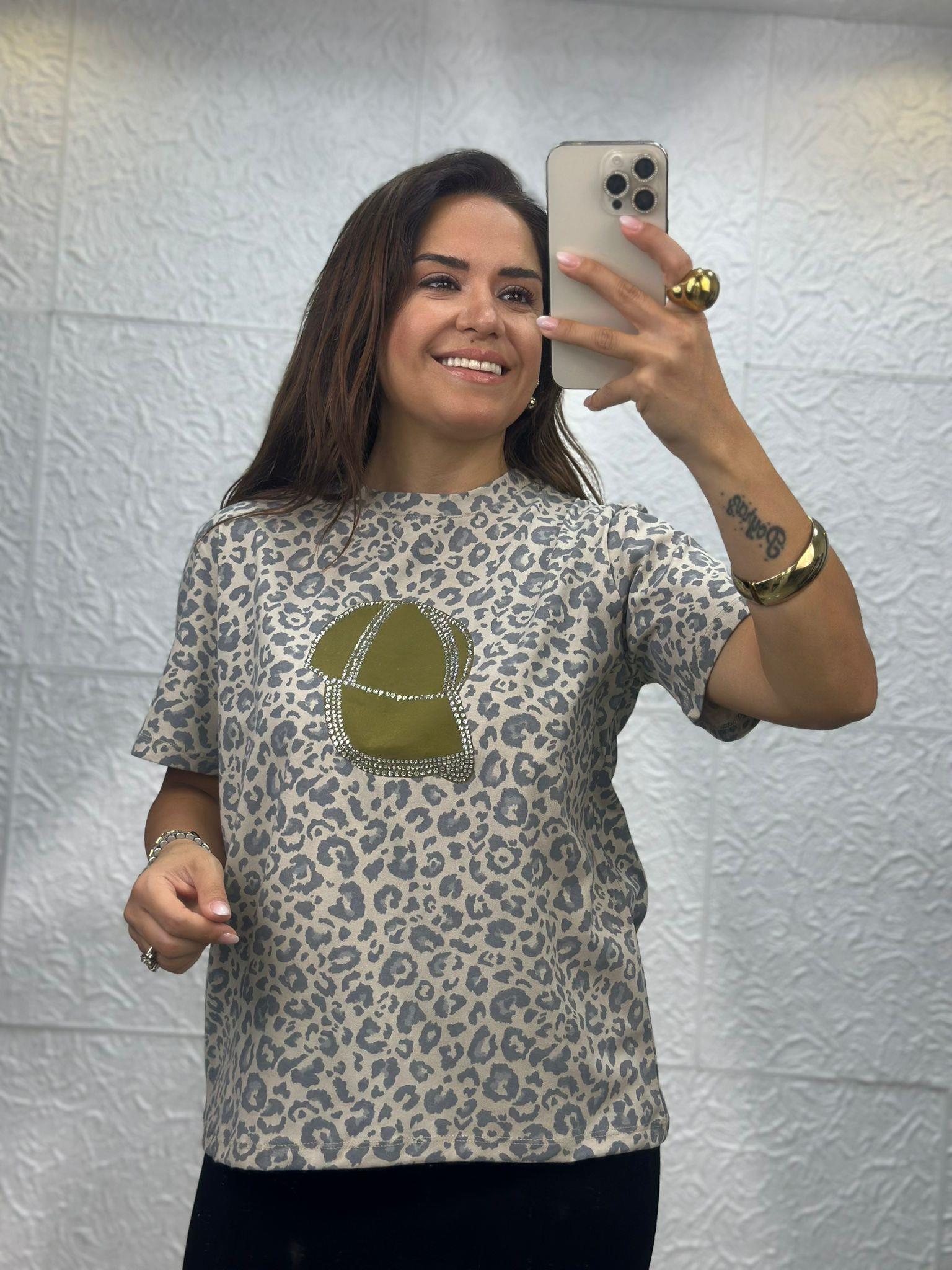 Leopar Şapkalı Gri Vizon Tshirt